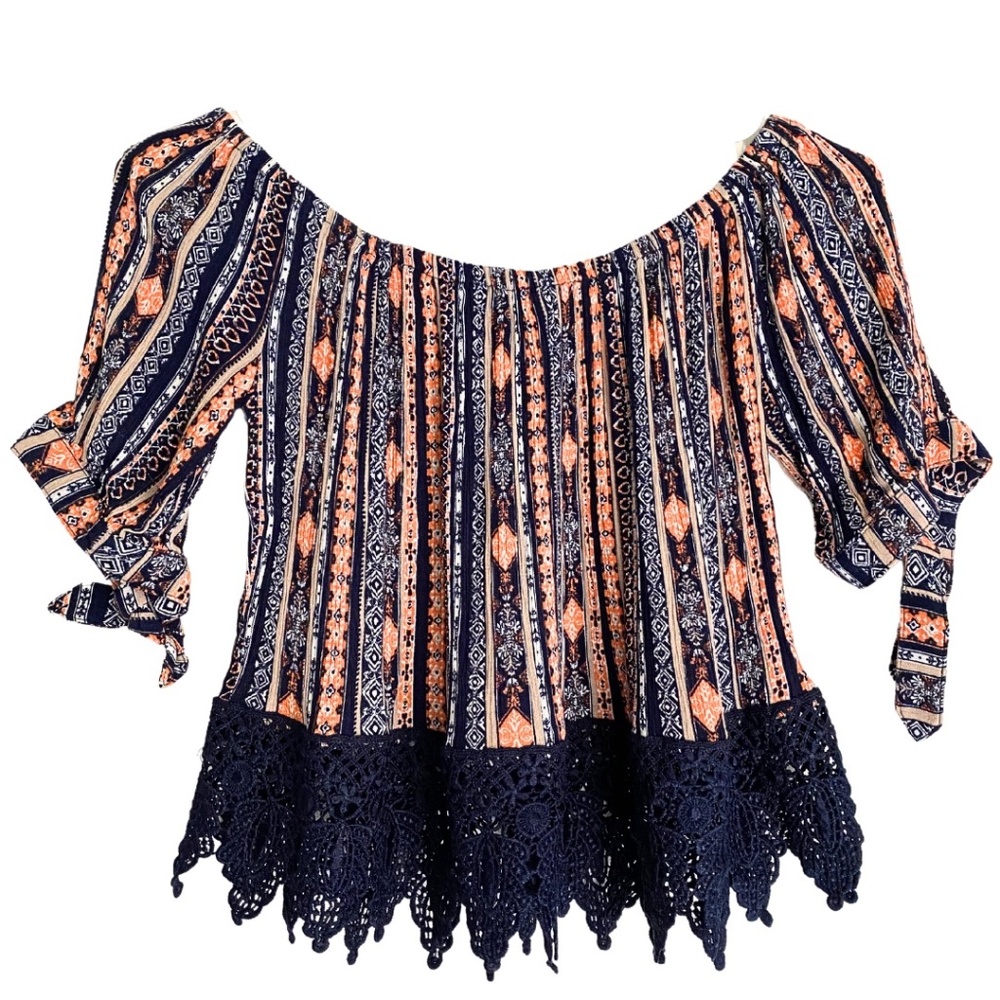 Iris Women’s Cold Shoulder Eyelet Crochet Boho Western Print Crop Top [US S]